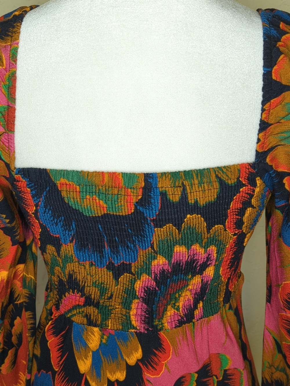 NEW FARM Rio Colorful Flowers Square-Neck Smocked Back Midi Dress Size XS - Picture 13 of 16